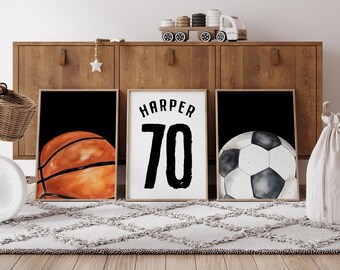 Personalized Sports Nursery Art Print Set, Watercolor Football Basketball