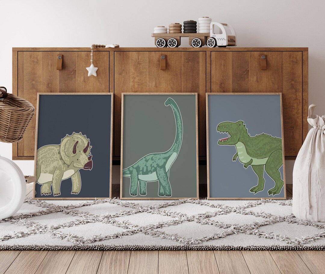 Dinosaur Nursery Prints Set – Blue & Green Dino Wall Art (digital ...