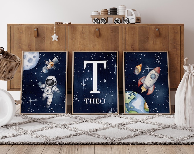Personalised Space Print Set, Rocket Astronaut Name Art for Kids