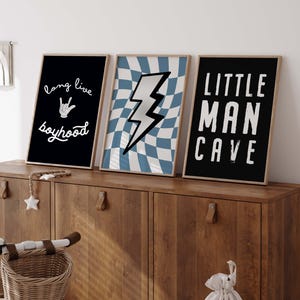 Boys Nursery Prints Set: Checkered Lightning Bolt, Playroom Wall Art