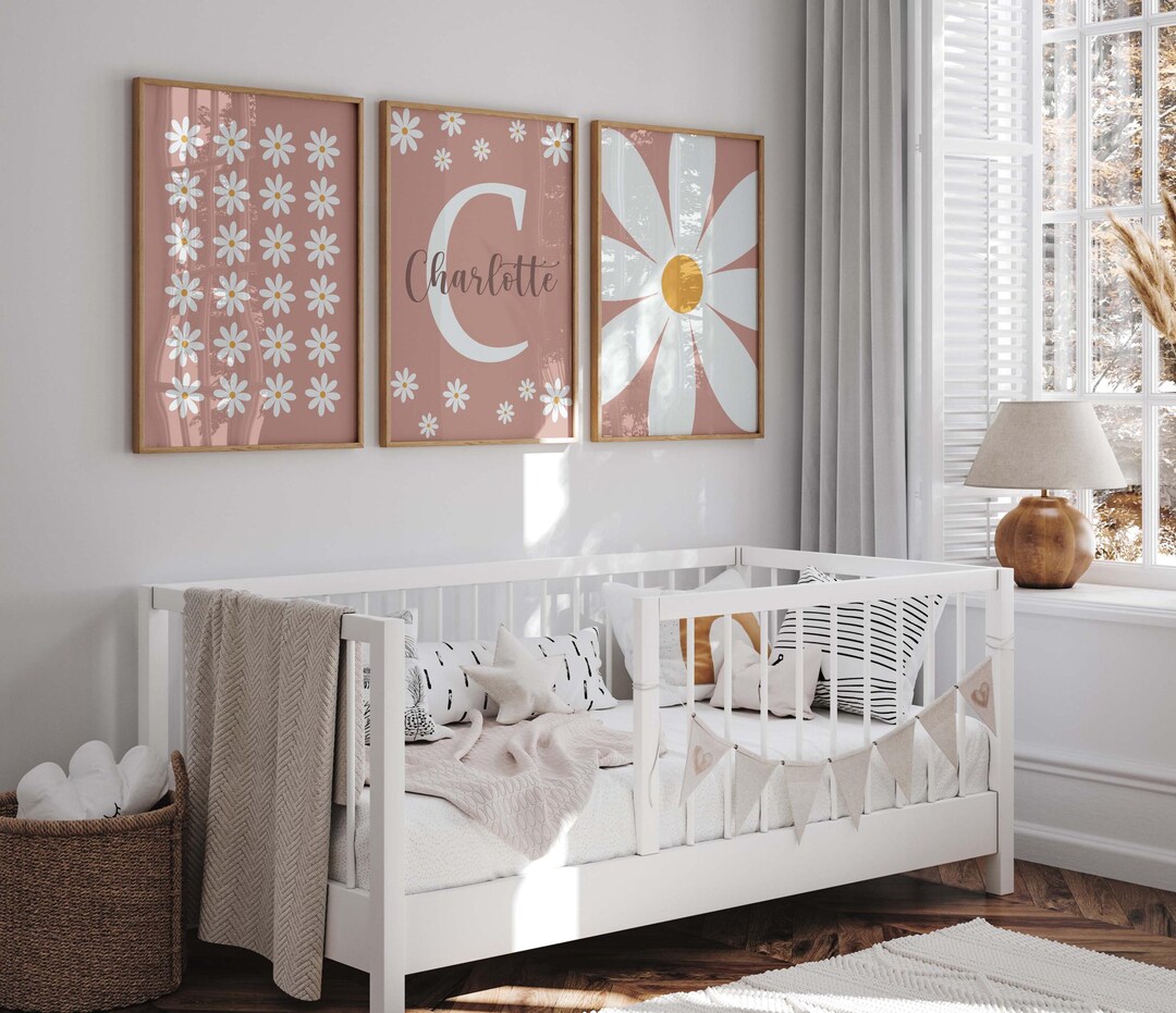 Set of 3 Daisy Nursery Prints, Custom Name Floral Personalised Baby ...
