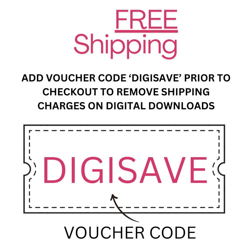 May include: White background with pink text that reads "FREE Shipping". Below, a coupon with the text "DIGISAVE" and an arrow pointing to "VOUCHER CODE". Additional text explains how to use the voucher.