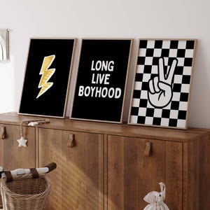 Boys Nursery Prints: Lightning Bolt, Checkered Peace Sign, Boyhood Quote (Set of 3)