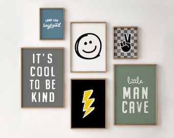 Modern Boy Room Prints: Smiley Face, Lightning Bolt, Playroom Decor