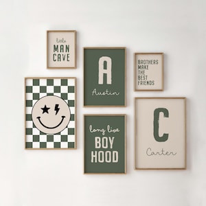 Personalisierte Boyhood Wandkunst Set, 6 benutzerdefinierte Kinderzimmer Drucke, Jungen Name und Initiale, Brüder Zimmer Dekor, Smiley Gesicht, Zitat, digitaler Download