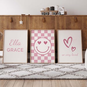 Personalized Pink Girl Wall Art Set of 3 Digital Prints, Name Sign, Heart Poster, Checkered Smiley Face, Tween Girl Room Decor
