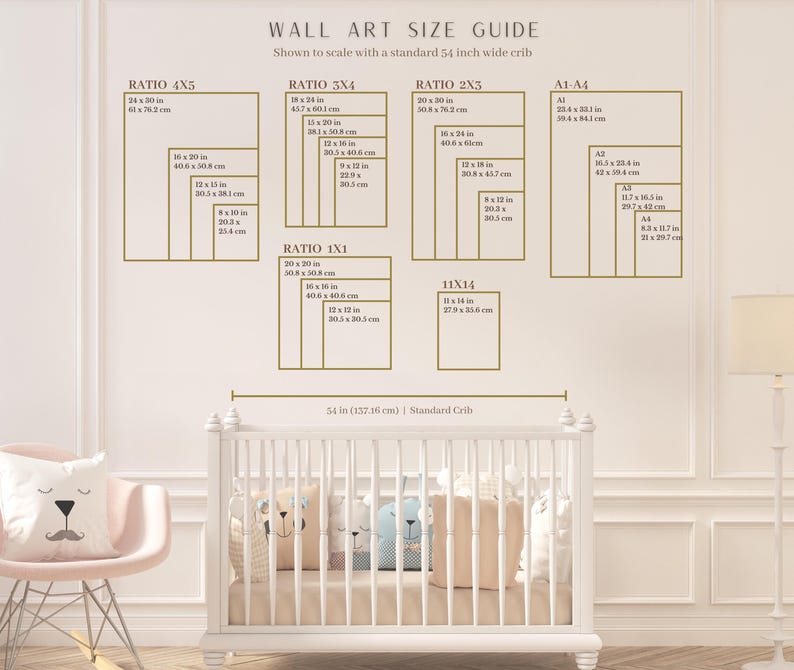 May include: Wall art size guide with dimensions in cm, shown to scale with a 137.16 cm crib. Includes ratios 4x5, 3x4, 2x3, 1x1, and 11x14, plus A1-A4 sizes. A white crib is in the foreground, with a pink chair and pillows.