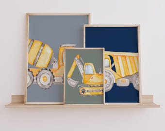 Construction Truck Wall Art Print Set: Boy's Room Decor, Navy Blue