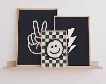 Boys Nursery Prints Set: Lightning Bolt, Checkered Smile, Peace Sign