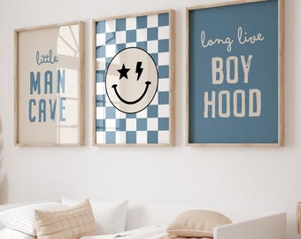Blue Boyhood Digital Wall Art Set of 3, Boys Bedroom Printable Prints