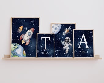 Space Initial Print Set, Personalised Rocket Astronaut Name Art