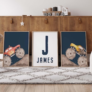 Personalized Set Of 3 Prints, Monster Trucks Wall Art, Watercolor Artwork, Boys Room Decor, Birthday Gift, Monster Truck Decor, Digital Art
