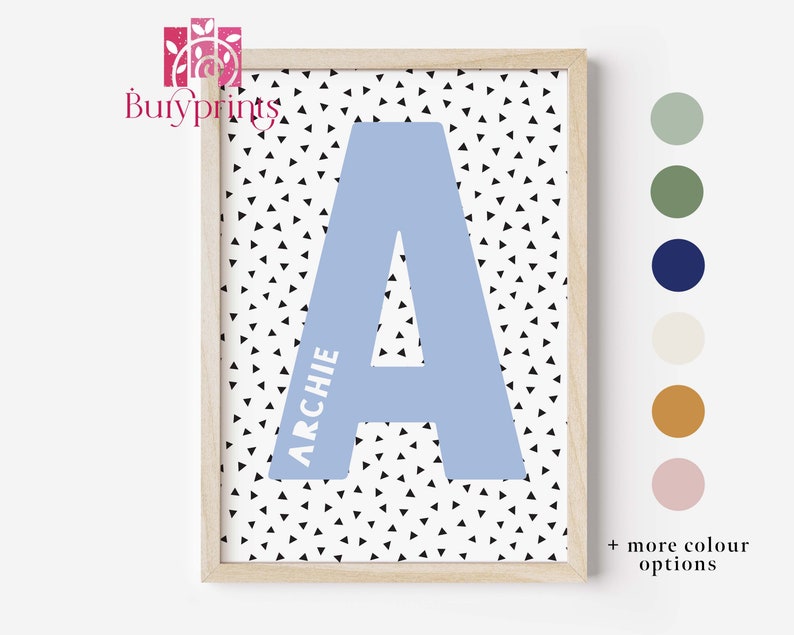 Puede incluir: Una impresi&oacute;n enmarcada con una letra A azul claro sobre un fondo blanco con un patr&oacute;n de tri&aacute;ngulos negros. La letra A tiene el nombre Archie escrito verticalmente en su interior.