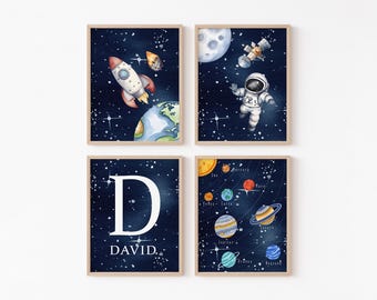 Conjunto de Impressões Espaciais Personalizadas, Arte de Foguete, Astronauta e Sistema Solar