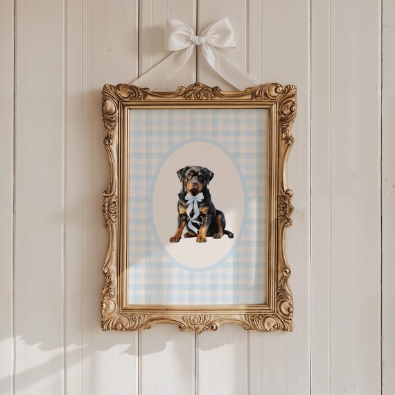 Blue Gingham Rottweiler Art Print – Sweet Rottweiler Wall Decor, Dog Mom Gift, Cottagecore Nursery or Pet Corner Print