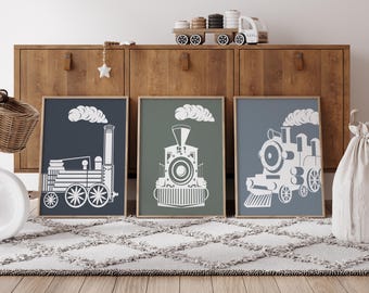Train Nursery Art Prints, Navy Sage Blue, Boys Room Decor (Digital Download)