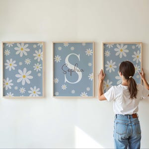 Set of 3 Daisy Nursery Prints, Custom Name Floral Personalised Baby Girl Room Decor, Boho Blue , Daisy Wall Art, Unframed Print