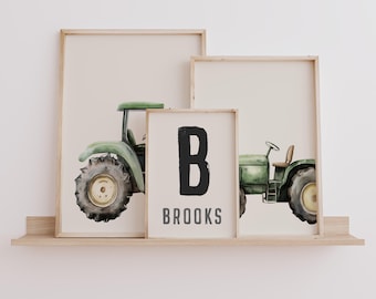Lot de 3 impressions personnalisées pour chambre d'enfant avec tracteur, oeuvre d'art murale de ferme neutre pour chambre de garçon