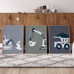 Construction Truck Prints: Boy Room Decor, Set of 3 (Unframed)