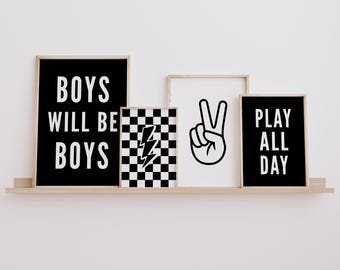 Black and White Boys Room Prints: Modern Playroom Decor (Set of 4)