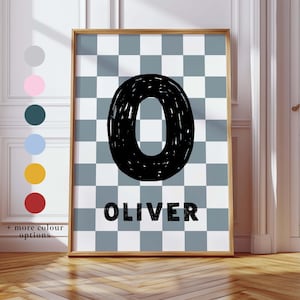 Impresión personalizada de nombre e inicial, arte de pared moderno con diseño de tablero de ajedrez, decoración de dormitorio infantil para niños y niñas, impresión de arte de pared para guardería sin marco