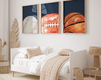 Watercolor Sports Prints, Navy Orange Nursery Decor (Digital Download)