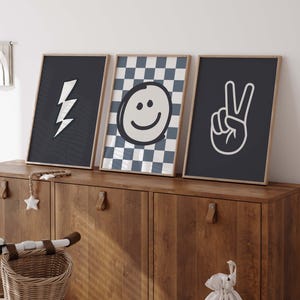 Boys Nursery Prints Set: Lightning Bolt, Checkered Smile, Peace Sign