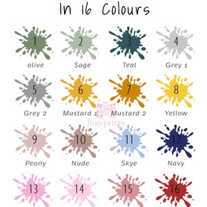 Puede incluir: Un gr&aacute;fico que muestra 16 colores de pintura diferentes con sus nombres y n&uacute;meros. Los colores est&aacute;n dispuestos en una cuadr&iacute;cula de cuatro filas y cuatro columnas. Los colores incluyen oliva, salvia, azul verdoso, gris 1, gris 2, mostaza 1, mostaza 2, amarillo, peon&iacute;a, nude, cielo, azul marino, rosa, rosa beb&eacute;, arcilla rosa y rojo.