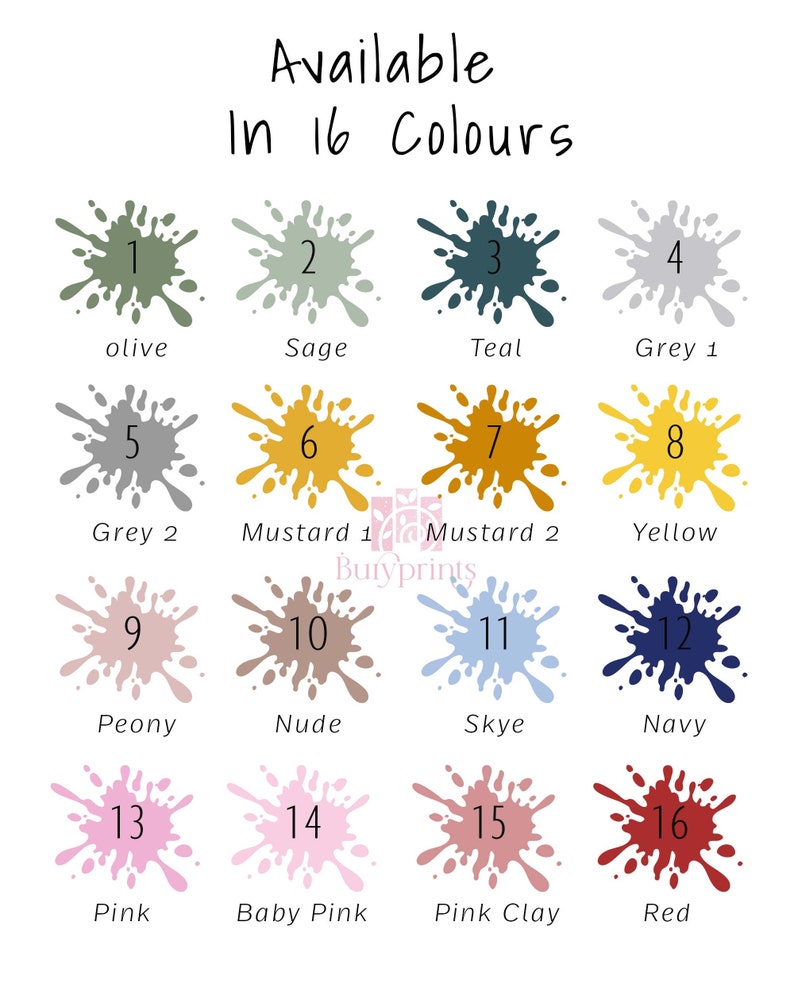 Puede incluir: Un gr&aacute;fico que muestra 16 colores de pintura diferentes con sus nombres y n&uacute;meros. Los colores est&aacute;n dispuestos en una cuadr&iacute;cula de cuatro filas y cuatro columnas. Los colores incluyen oliva, salvia, azul verdoso, gris 1, gris 2, mostaza 1, mostaza 2, amarillo, peon&iacute;a, nude, cielo, azul marino, rosa, rosa beb&eacute;, arcilla rosa y rojo.