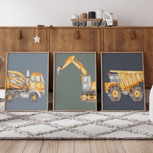 Construction Truck Prints: Navy & Green Boys Room Decor, Set of 3
