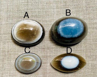 May include: Four polished gemstones with eye-like patterns. The stones are in shades of brown, white, and blue. The gemstones are oval and round, with a dark border.