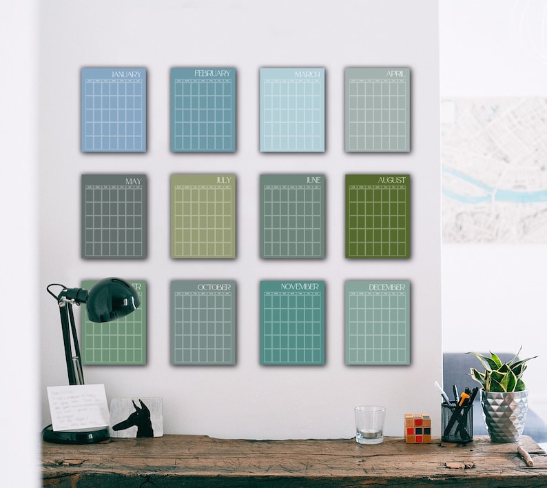 Printable Monthly Wall Planner | A4 A3 Blues | 12 Individual Pages ...