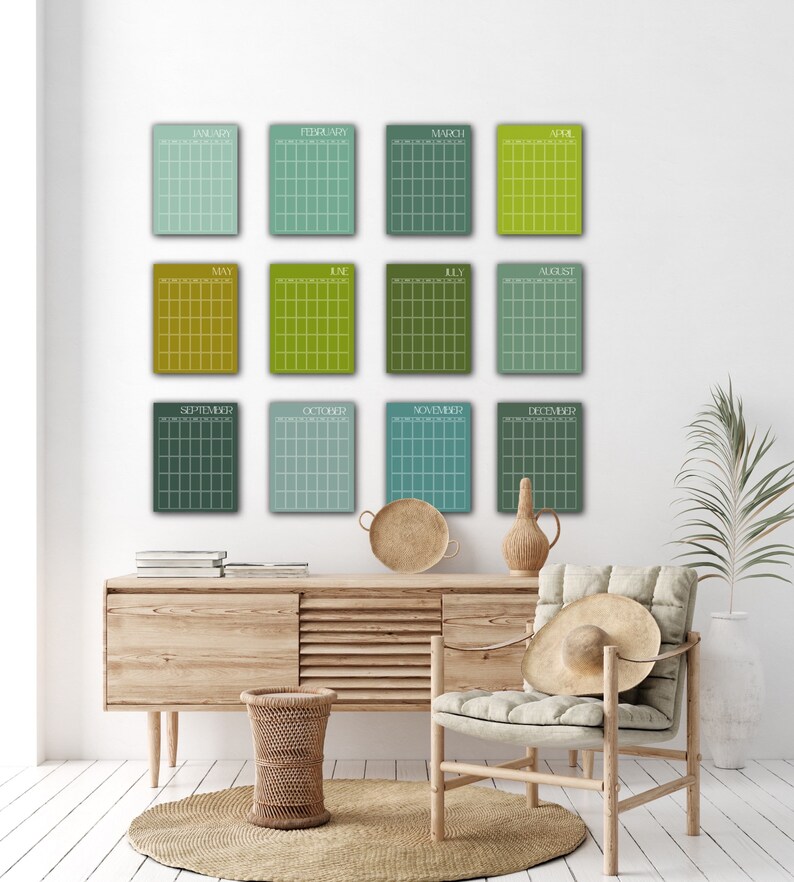 Printable Monthly Wall Planner A4 A3 Greens 12 Individual Pages Undated