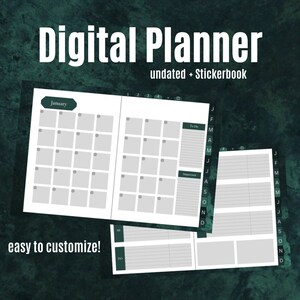 Könnte beinhalten: Ein digitaler Planer mit einem Monatskalender, einer To-Do-Liste und wichtigen Notizbereichen. Der Planer ist undatiert und enthält ein Stickerbuch. Der Planer ist einfach anzupassen.