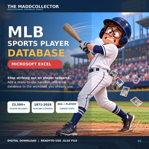 Puede incluir: Un gráfico digital para una base de datos de jugadores de béisbol de la MLB en Microsoft Excel. Muestra a un jugador de béisbol de dibujos animados con uniforme blanco, casco azul y gafas, bateando, con tarjetas volando de su bolsillo.