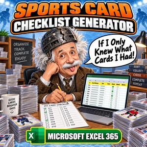 May include: A digital illustration featuring a caricature of Albert Einstein wearing a hockey helmet, with the text SPORTS CARD CHECKLIST GENERATOR and If I Only Knew What Cards I Had! Stacks of sports cards, a laptop, and a checklist are on the desk.