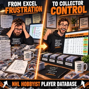 May include: A split-screen illustration showing a person managing hockey cards. The left side shows frustration with messy spreadsheets and piles of cards. The right side shows organized control with a digital NHL Hobbyist Player Database on a computer screen.