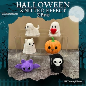May include: A collection of Halloween-themed 3D-printed figures with a knitted effect. The figures include a white dog, two ghosts, a pumpkin, a purple bat, and a grim reaper. The text on the image reads "HALLOWEEN KNITTED EFFECT 3D PRINTS".