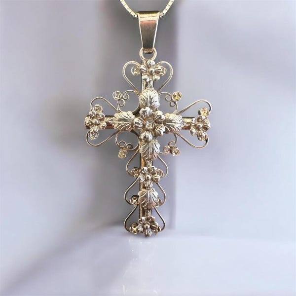 Vintage Taxco Sterling Silver Cross Pendant Necklace, Filigree Floral Leaves Scrolls 18” chain