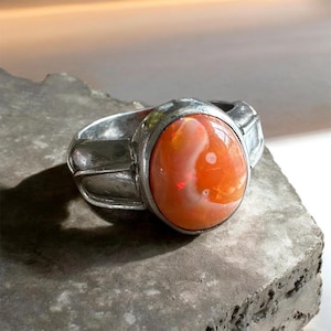 Vintage Sterling Silver Mexican Fire Opal Ring – Oval Cantera Statement Size 8