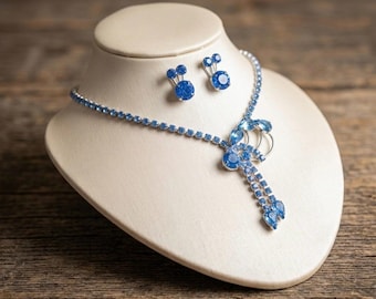 Vintage Blue Rhinestone Choker Necklace Earrings Set, 1940s Retro Glam Crystal Drop