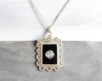 Art Deco Sterling Silver Black Enamel Marcasite Crystal Pendant Necklace, 18" Box Chain