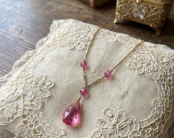 Art Deco Pink Crystal Y-Necklace – Rolled Gold Filigree Pendant, Edwardian Style