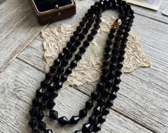 Antique Victorian Whitby Jet faceted Bi-cone bead necklace 52” Flapper Length, Mourning Necklace