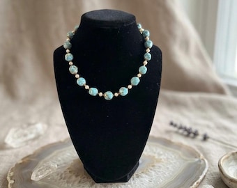 Vintage Swirled Turquoise Glass and glass Pearl Necklace
