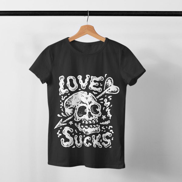 Vintage Cool Reto Pirate Skeleton Skull Love Hurts Quote Anti Valentine Romantic Ironic Bold Sketch Pencil Romantic Design T-Shirt Unisex