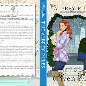 May include: Book cover featuring a woman in a pink and blue plaid dress and a man in a green sweater and blue jeans. The cover has a white background with a cityscape in the background. The title of the book is "The Aubrey Rules" and the author is "Aven Ellis".
