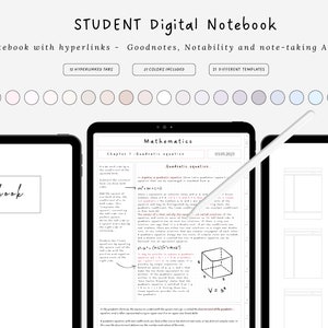 Peut inclure: Une interface d'application de carnet numérique avec un stylet blanc, montrant une page avec le titre "Mathématiques" et une section sur les équations quadratiques. La page comprend un schéma d'un cube avec la formule V = s³. L'application a un thème bleu clair et blanc.