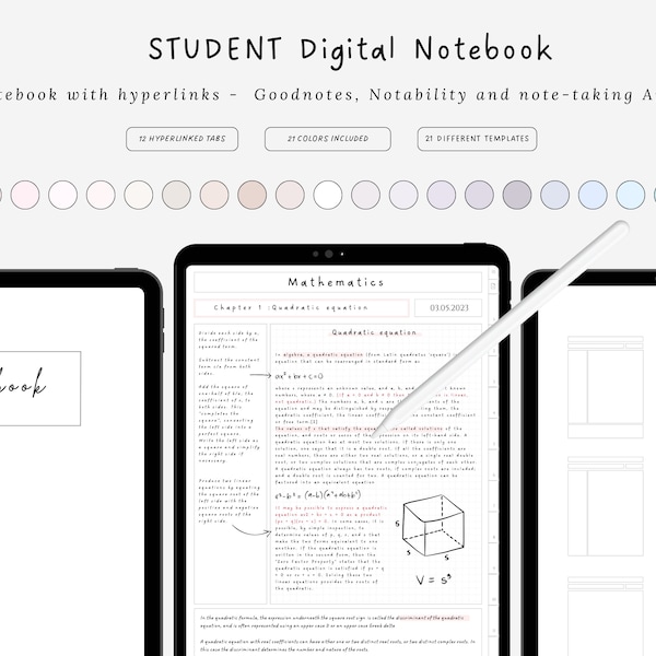 Student Digital Notebook with Tabs, Goodnotes Notebook, Student Notebook, Digital Notebooks, Digital Templates, minimalist, White