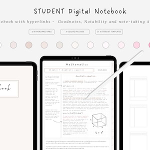 May include: A digital notebook app interface with a white background and black text. The app is open to a page titled "Mathematics" with a chapter on quadratic equations. The page includes a diagram of a cube with the formula V = s³. The app also includes a template page with a grid layout.